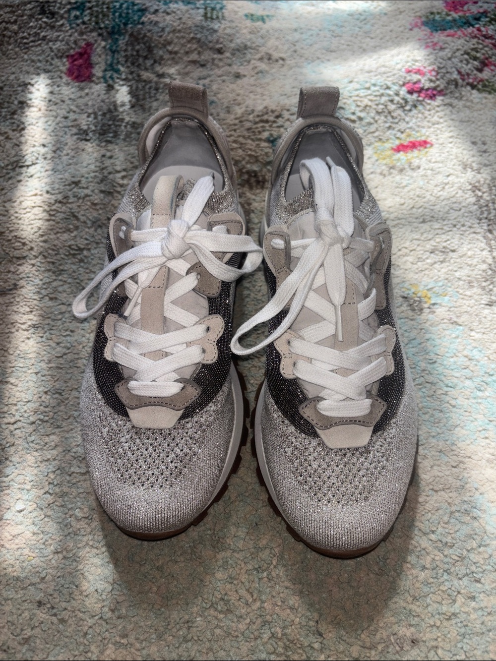 Brunello Cucinelli Silver Gray Knit Lace-Up Sneakers